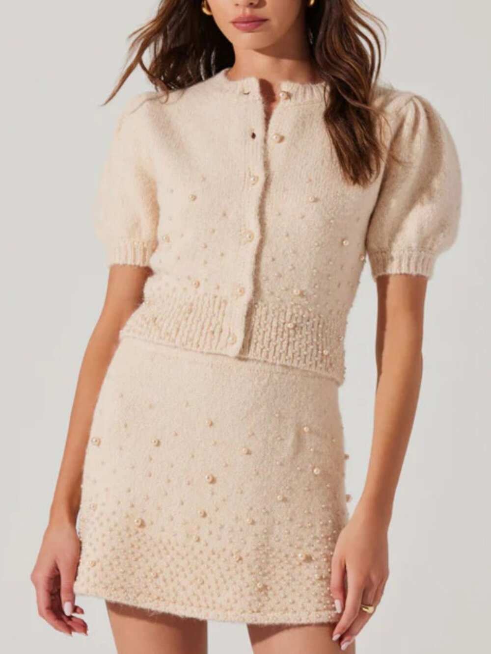 ASTR Joly Pearl Embellished Cardigan & Skirt Set